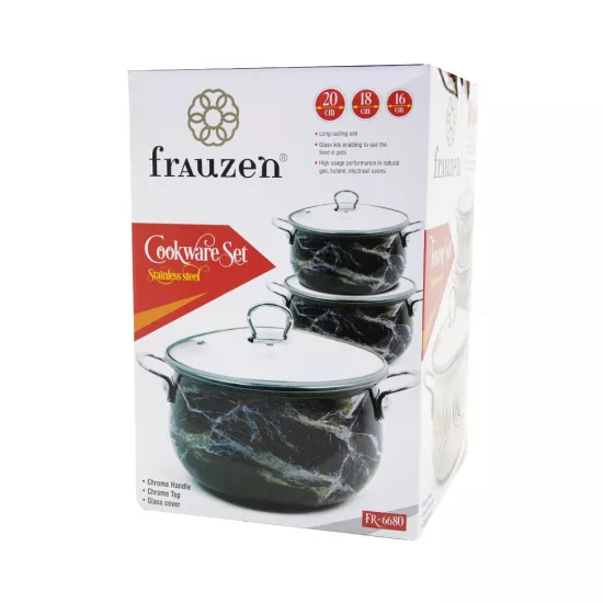 Qazan FR-6680 16-18-20 sm 3-Lü Set qara (Mərmər)